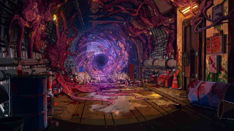 Magic Media mobile game porting, Artwork of a room with red tendrils and a portal, hinting at supernatural occurrences amid scientific chaos.