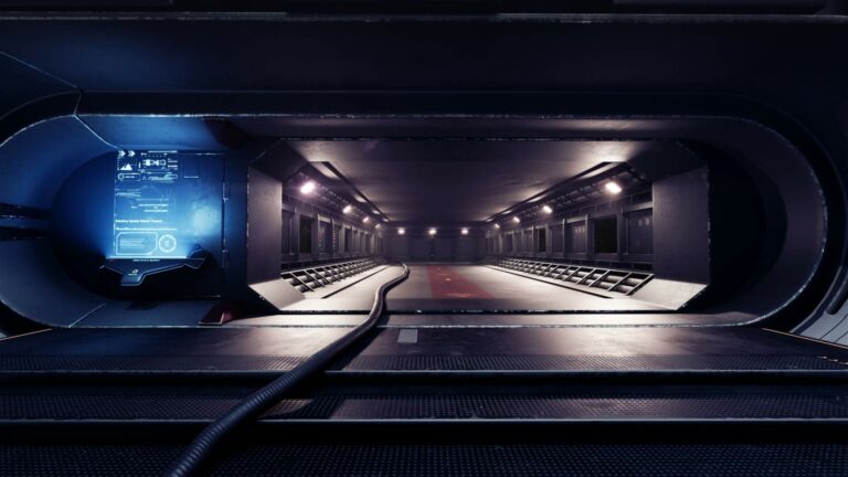 Magic Media Unreal Engine, a futuristic corridor with holographic displays and ambient lighting inside a sci-fi facility.