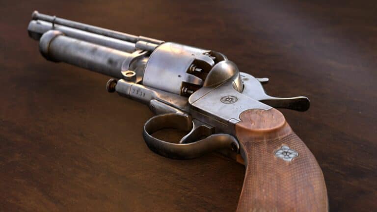 Magic Media game art production, a highly detailed 3D-rendered revolver with a wooden grip and aged metal, showcasing intricate design in game asset creation.