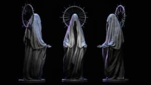 Magic Media Art Production for Synapse, a trio of statues with glowing halos in monochrome, blending classical sculpture with contemporary digital art.