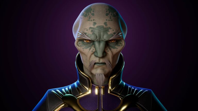 Magic Media Star Trek 3D art of an alien with facial markings and a sci-fi uniform, set against a purple background.
