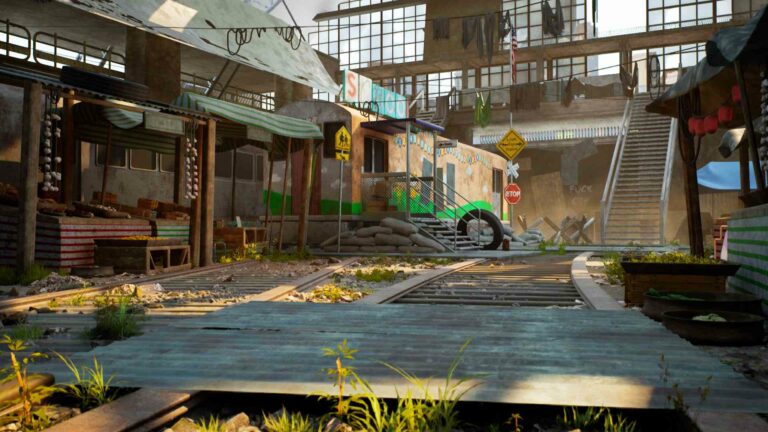 Post-apocalyptic marketplace scene showcasing Magic Media's 3D art production, with abandoned stalls and overgrown railway tracks.