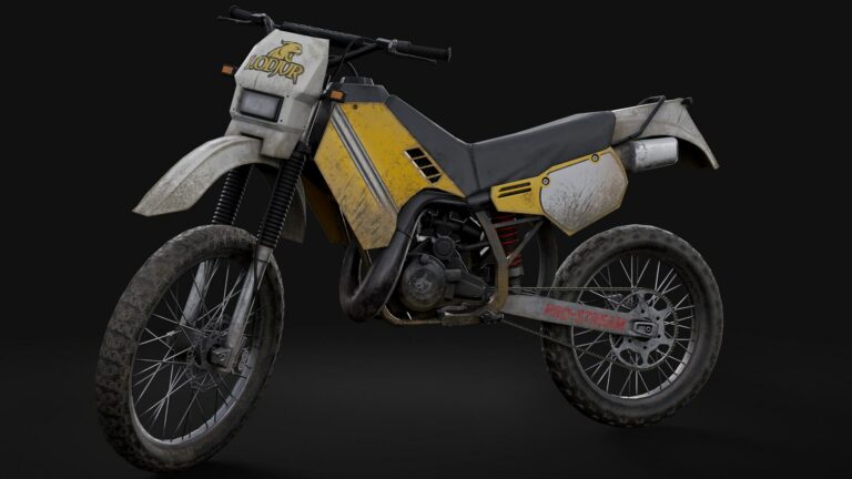 Magic Media Game Porting, a rugged 3D model of a dirt bike with a weathered yellow and black body, showcasing detailed textures and realistic design, exemplifying quality 3D art in game asset creation.
