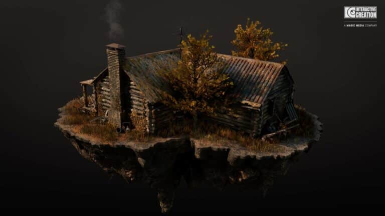 Magic Media 3D Game Art, a highly detailed digital artwork of an old wooden cabin on a floating landmass, set against a dark background.