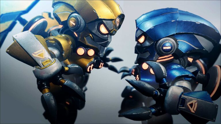 Magic Media 3D Art, two intricately designed robots in gold and blue, facing each other as if in a silent conversation, set against a softly lit background.