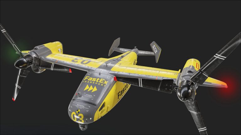 Magic Media 3D art, a detailed model of a futuristic yellow aircraft with prominent branding, twin engines, and propellers, set against a dark background, highlighting advanced texturing and design capabilities.