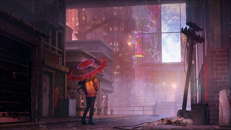 Magic Media concept art showcases a solitary figure with a red umbrella standing in a rain-soaked, neon-lit street, evoking a cyberpunk atmosphere.
