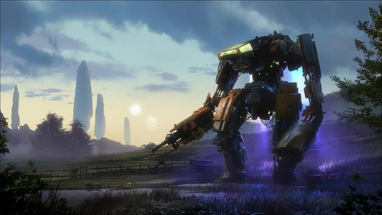 Magic Media Porting Games, a massive mech suit standing in a misty, rural landscape at dawn, with towering rock formations in the background and the sun low in the sky.