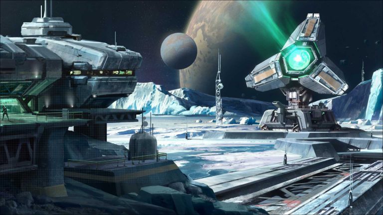 Magic Media game development, a sci-fi lunar base with advanced structures and a radar dish illuminated by a glowing green light, situated in an icy landscape with a dramatic view of planets in the night sky.
