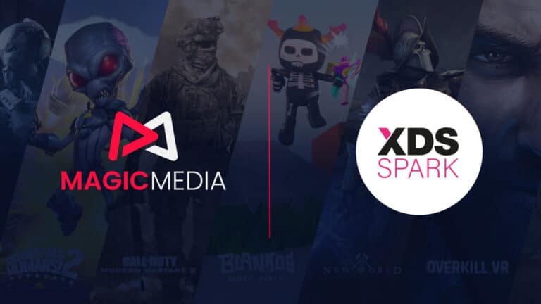 Magic Media and XDS Spark, a graphic featuring diverse video game characters, symbolizing the partnership's innovative gaming collaborations.