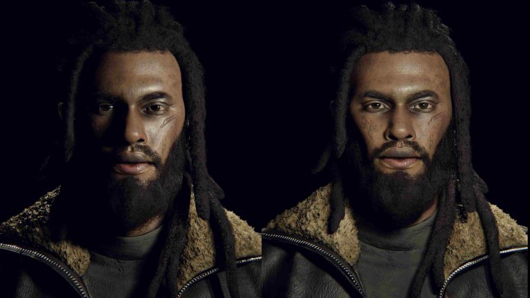 Magic Media hyper realistic and stylized game art, side-by-side portraits of a man with dreadlocks, facial tattoos, and a piercing gaze, dressed in a shearling jacket, set against a dark background.