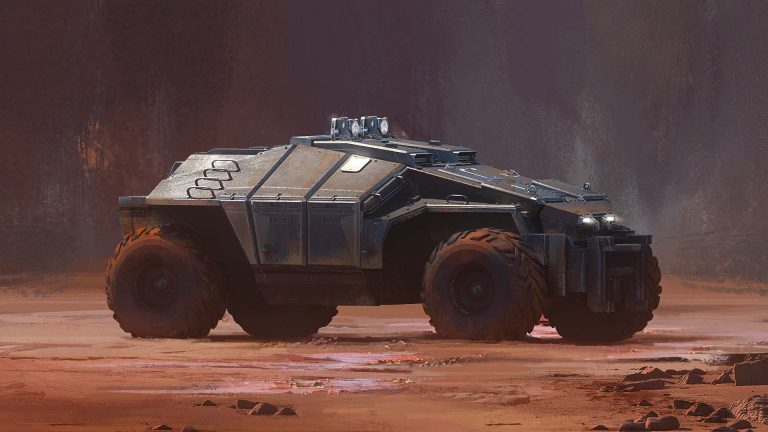 Magic media co-development advantages of an armored all-terrain vehicle on a dusty Martian landscape.
