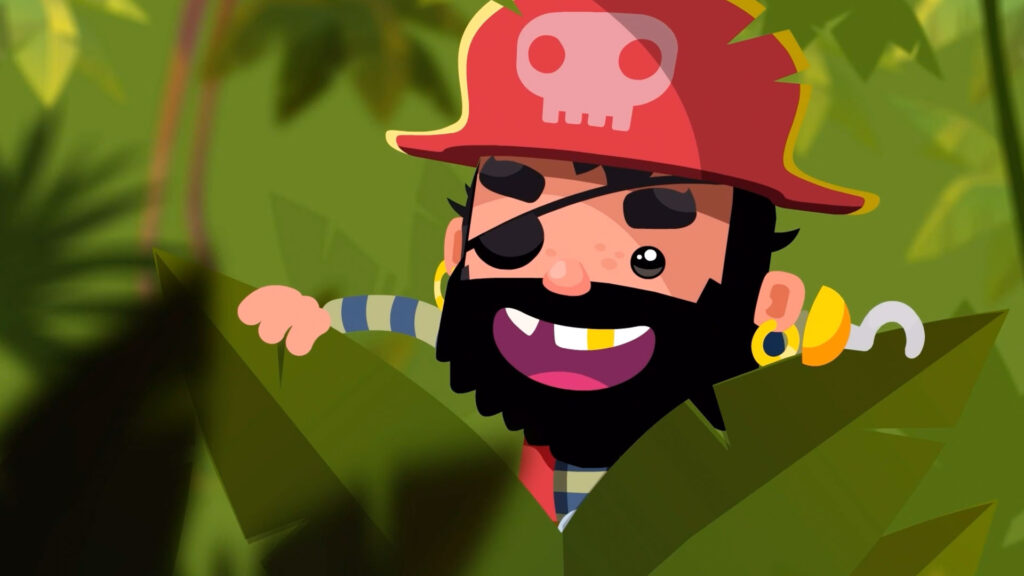 Magic Media video ads, featuring a cheerful cartoon pirate with a red hat, eye patch, and bushy black beard, peeking through lush green jungle leaves.