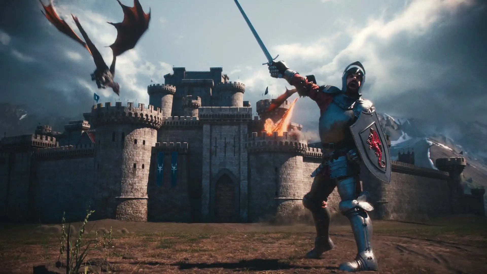 A knight in shining armor raises his sword and shield in front of a medieval castle, while a dragon flies overhead and breathes fire. Created by Magic Media.