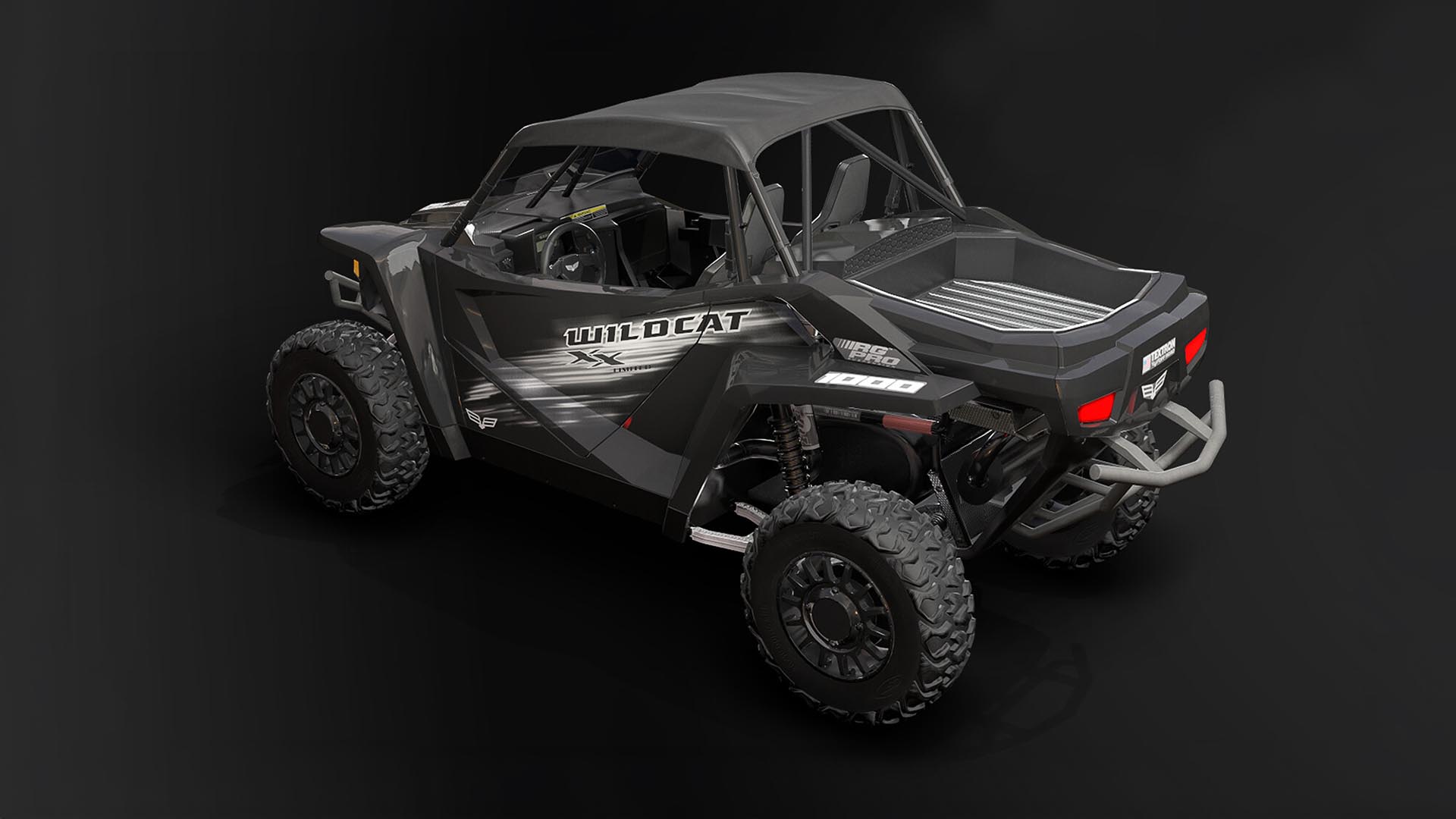 ATV Wildcat X Limited in black and silver, parked against a sleek black background.