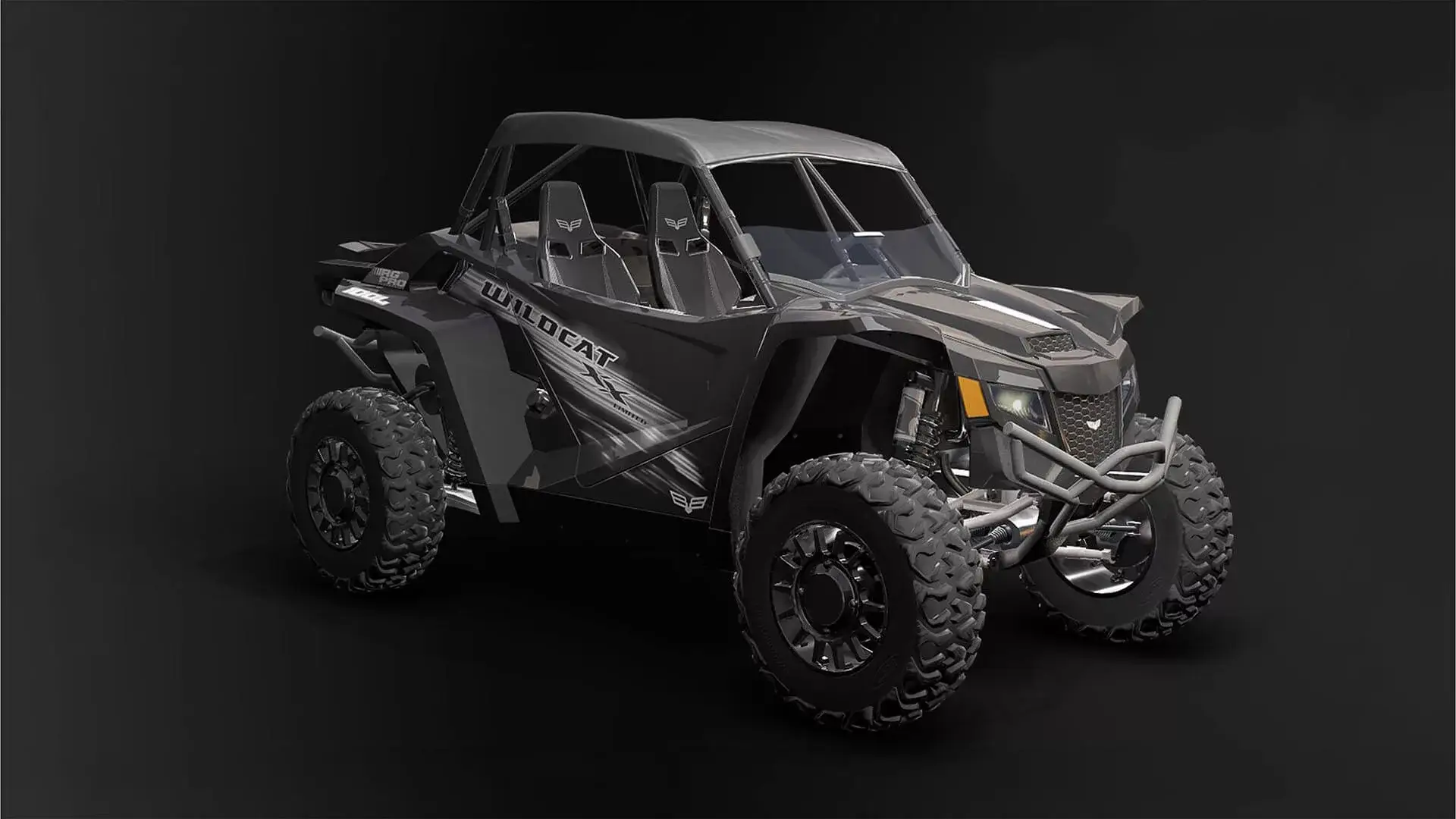 ATV Wildcat X Limited, black and silver, side view against a sleek black background.