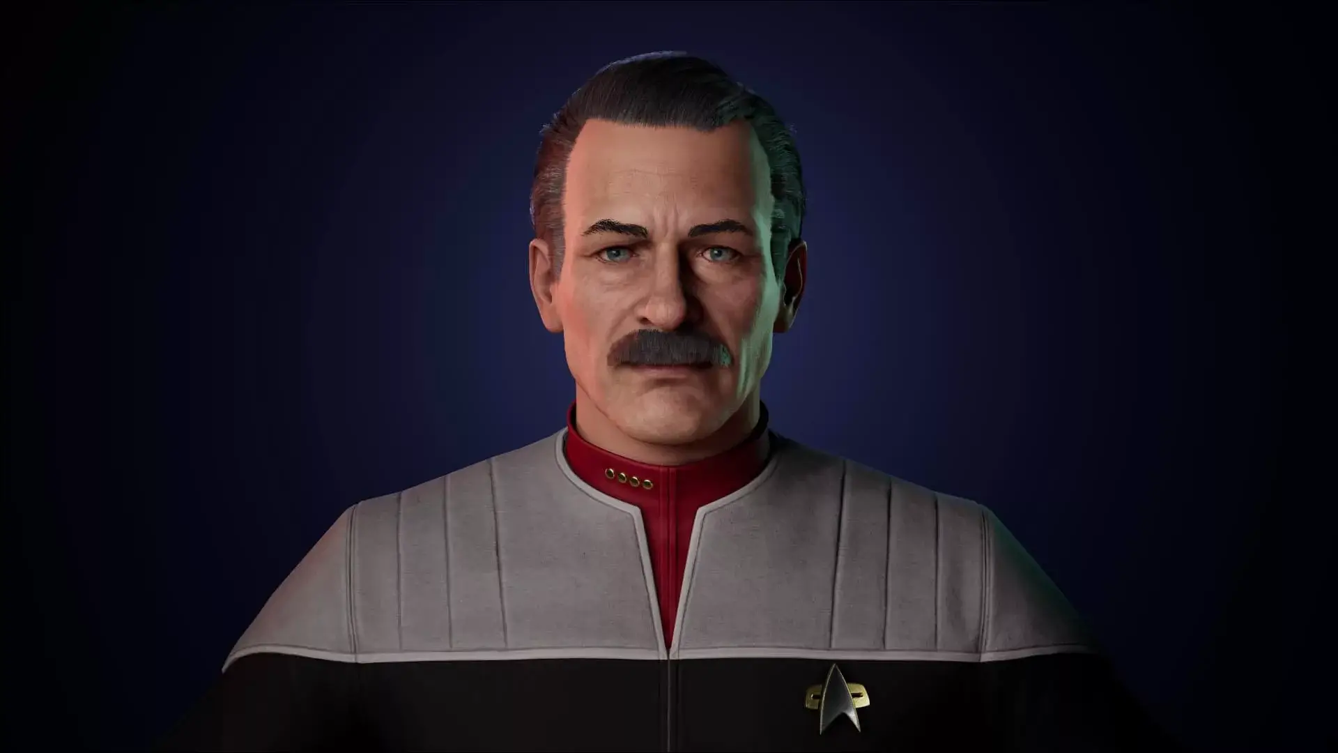 Star Trek character model from Magic Media featuring a man in a Starfleet uniform with a stern expression and a moustache.