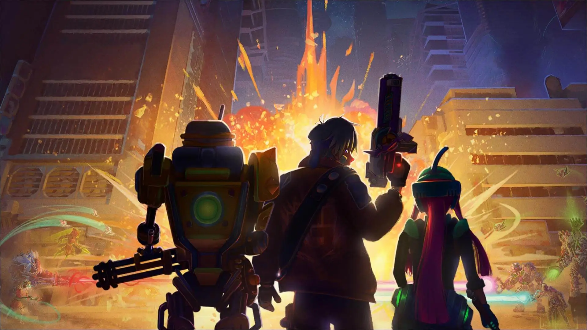 Magic Media, three characters, a robot, a man with a gun, and a girl with long pink hair, standing in a futuristic city street as an explosion occurs in the background.