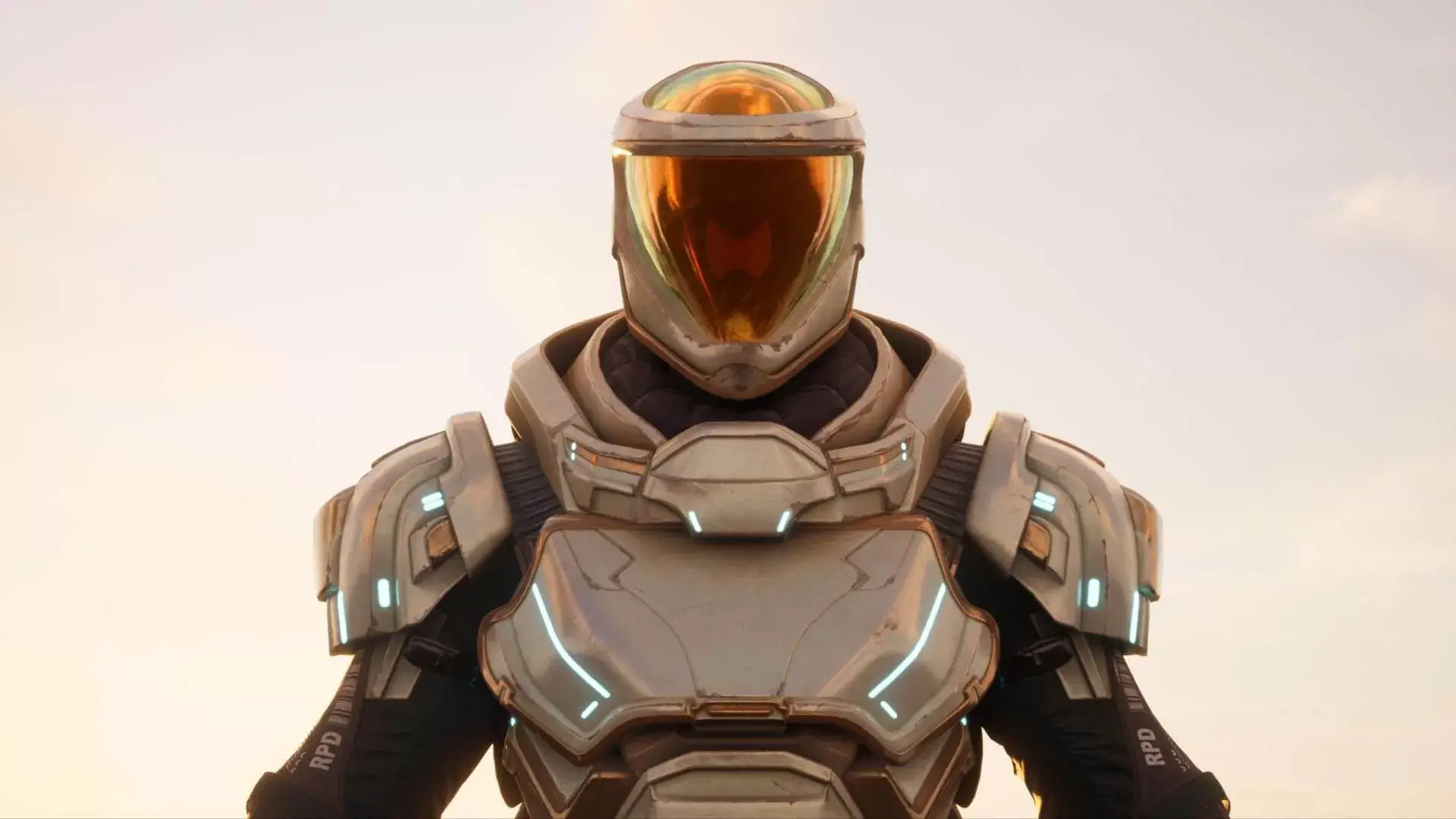 3D model of a futuristic spacesuit with a reflective helmet visor, illuminated by soft lighting.