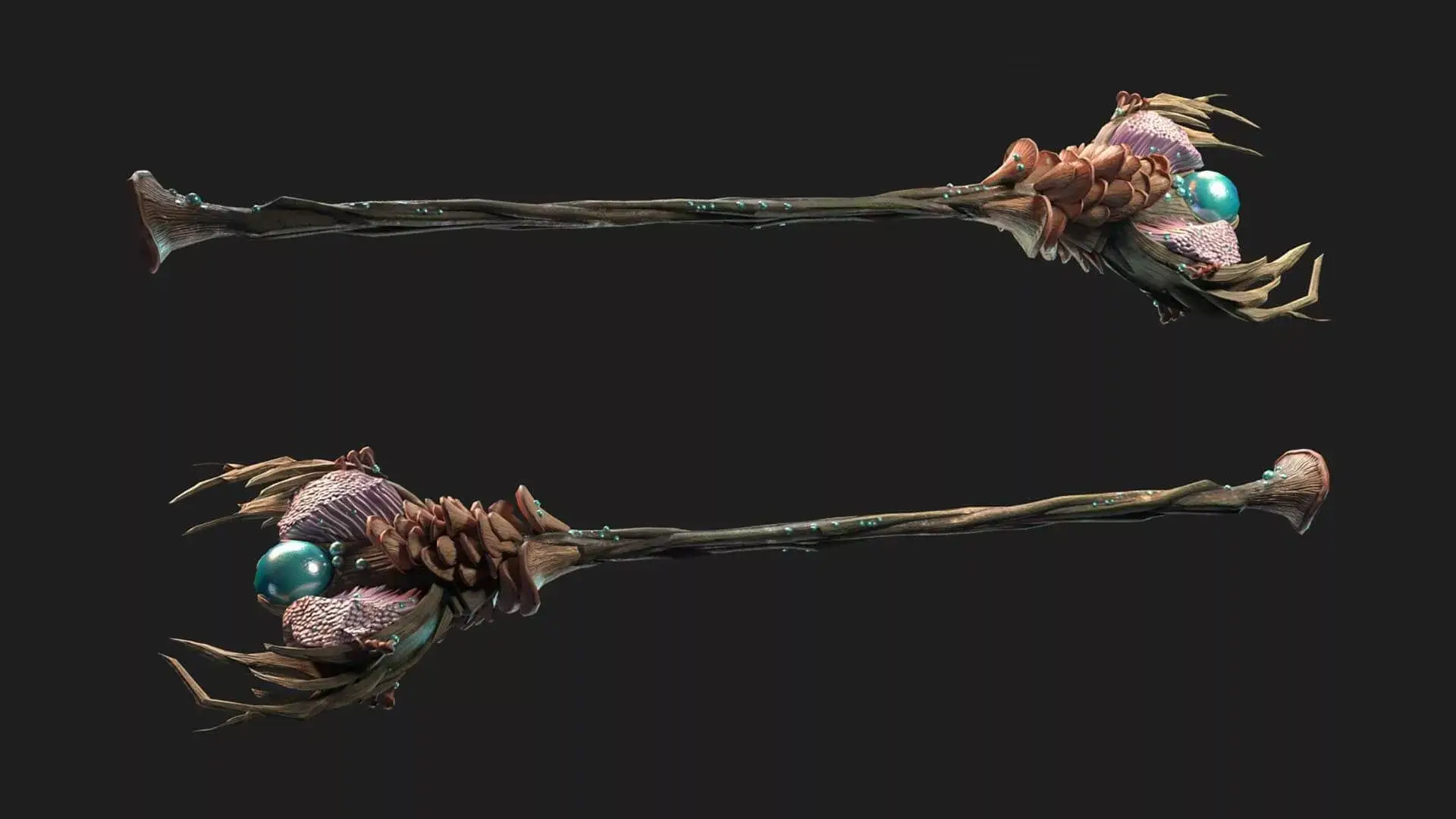 3D rendering of a fantasy staff with a turquoise orb and organic elements, displayed against a black background