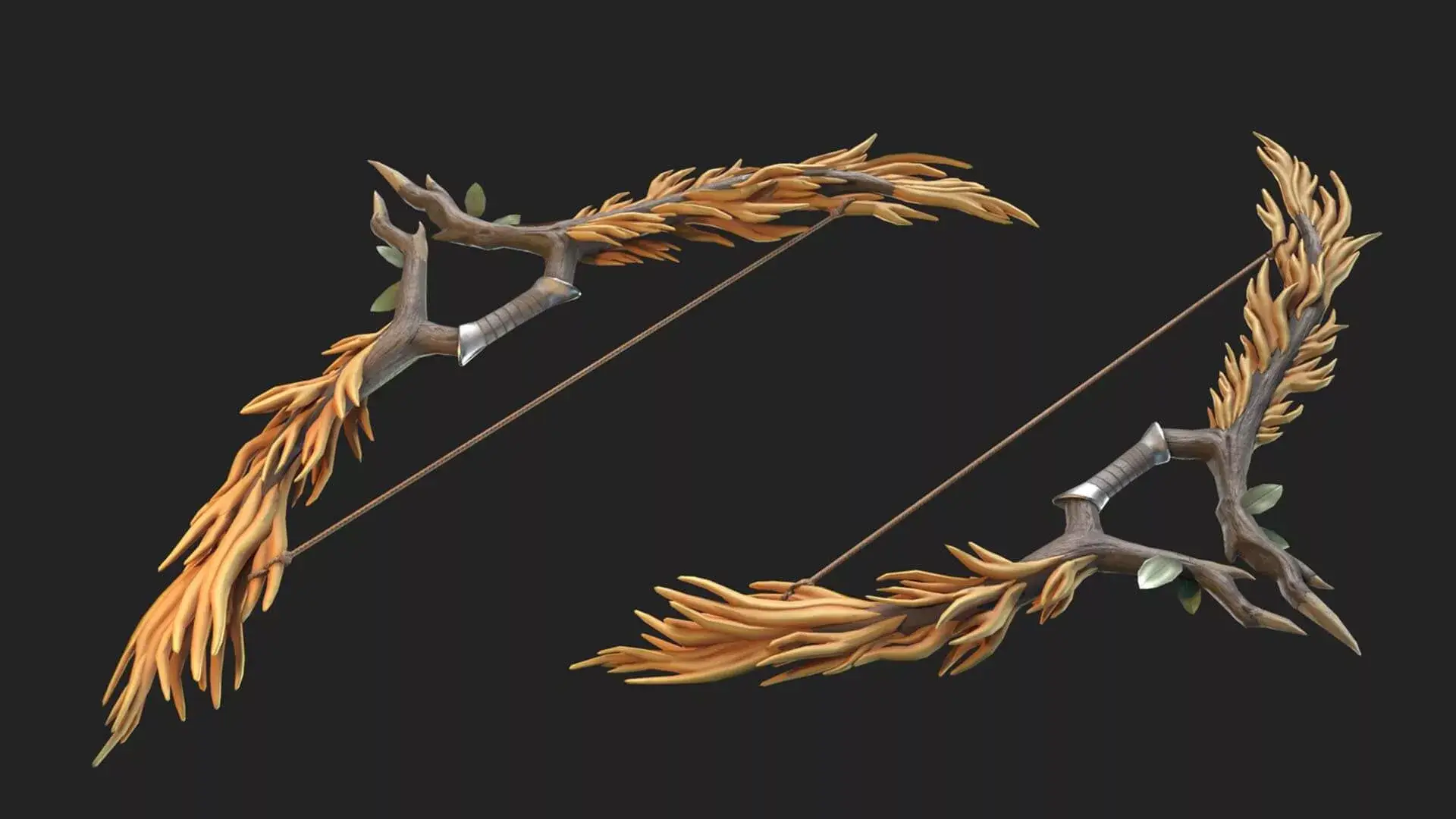 3D rendering of a fantasy bow designed to look like it's made from intertwined branches and adorned with leaf-like extensions