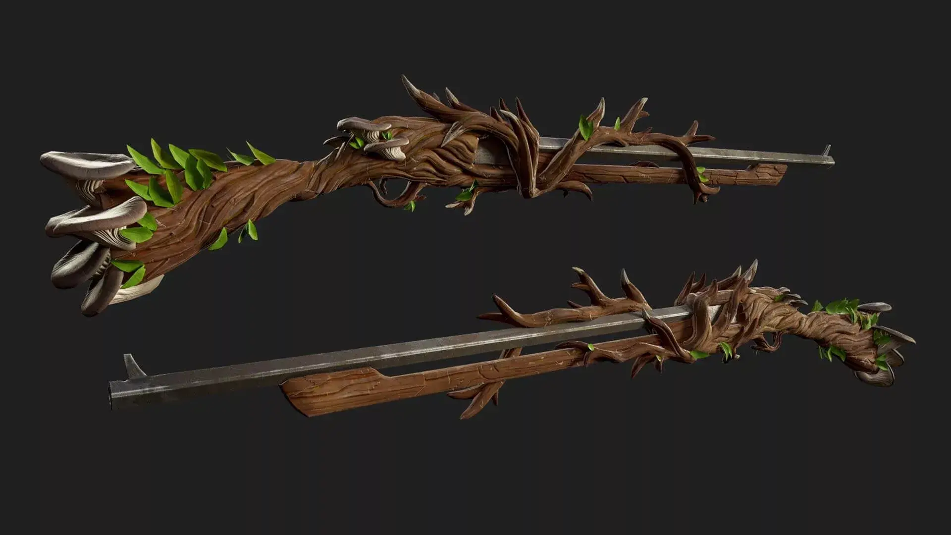 3D rendering of a fantasy weapon with organic wooden elements and green leaves, displayed against a black background