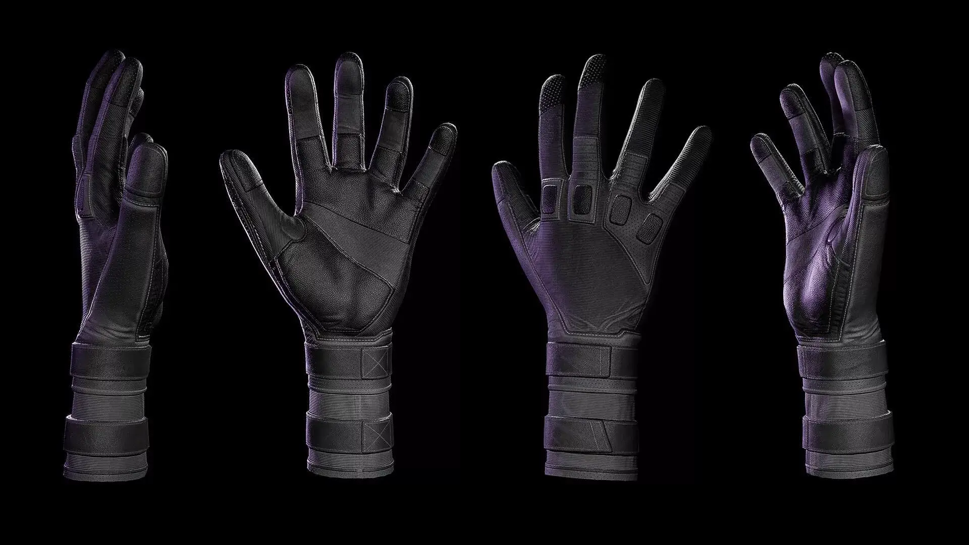 A pair of black gloves displayed from three different angles, showing the front, back, and side views. Created by Magic Media.