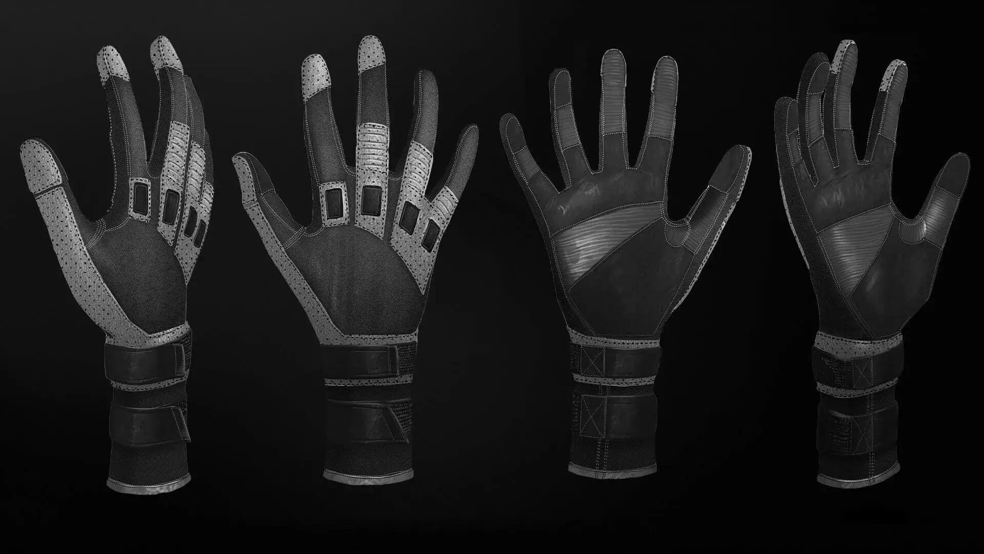 This image features a detailed design of player gloves by Magic Media. The gloves are presented in a series of four views, showcasing various angles and intricate details. The design is both sleek and functional, incorporating a mix of textured and smooth materials for optimal performance and comfort.