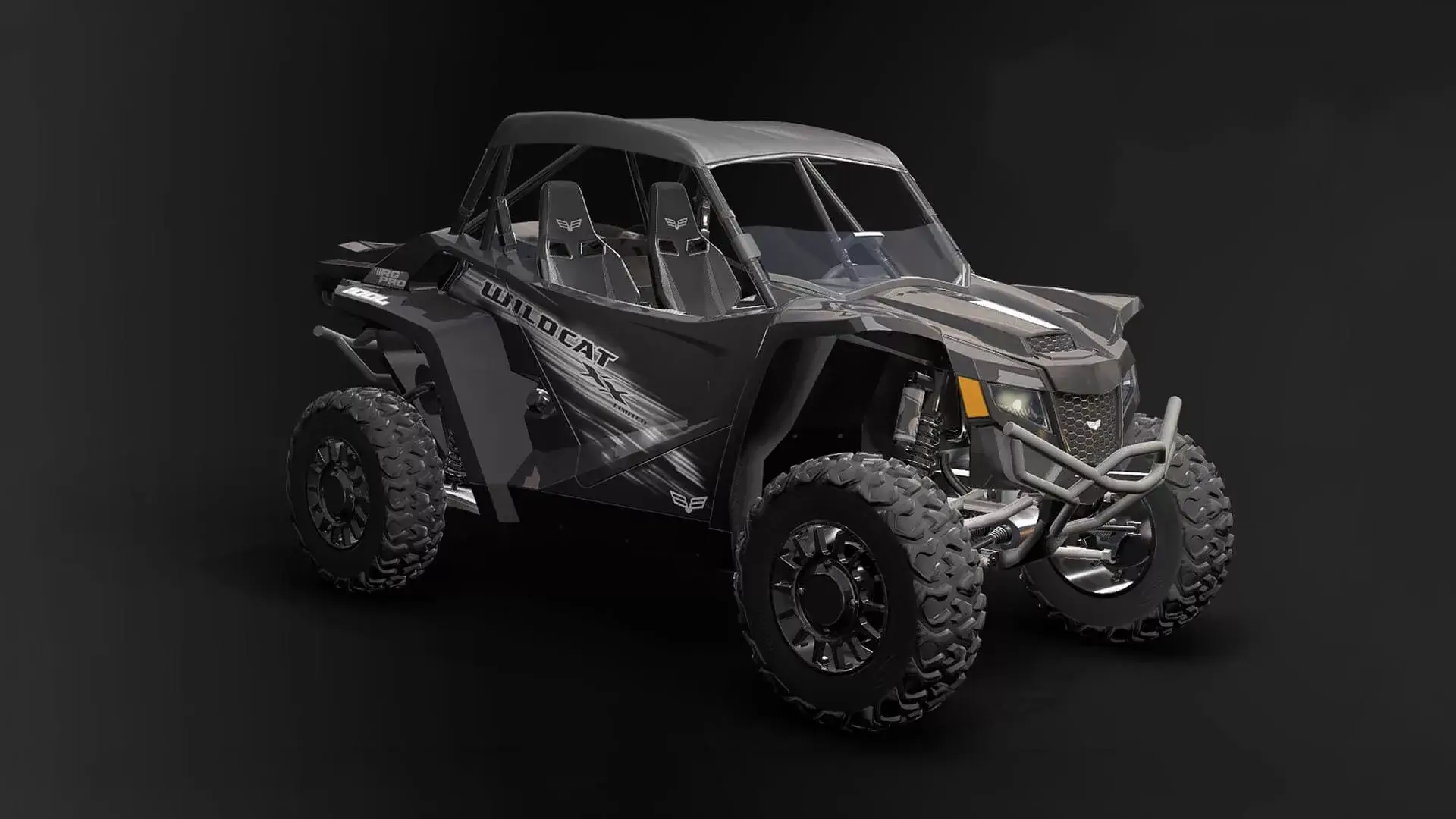 3D rendering of a rugged four-wheeler vehicle with a protective frame, displayed against a black background