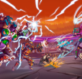Futuristic characters engaged in an intense battle scene with energy blasts and dynamic action.