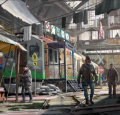An apocalyptic market scene with makeshift stalls and a repurposed train car labeled 'School'. Created by Magic Media.