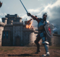 A knight in shining armor raises his sword and shield in front of a medieval castle, while a dragon flies overhead and breathes fire. Created by Magic Media.