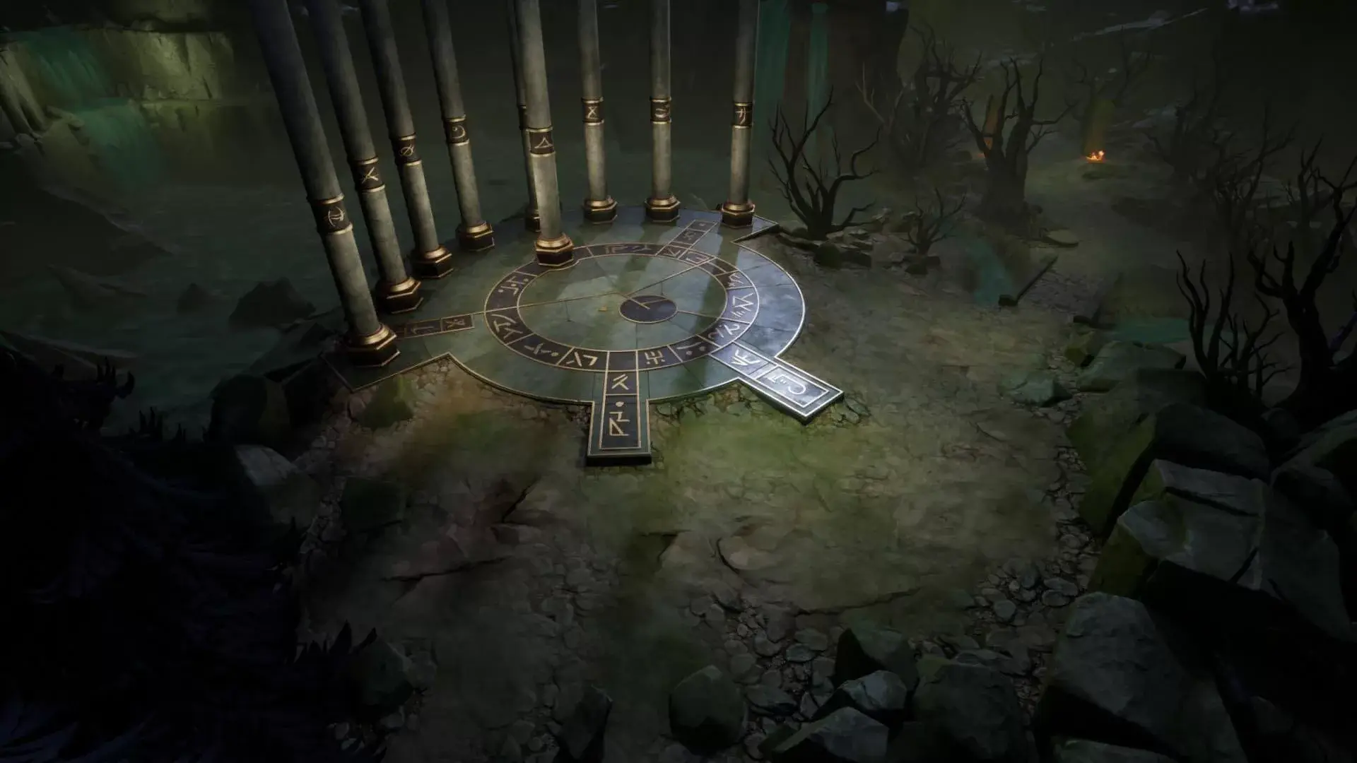 3D environment model of an ancient circular platform with rune inscriptions surrounded by tall columns and a mysterious, misty forest backdrop