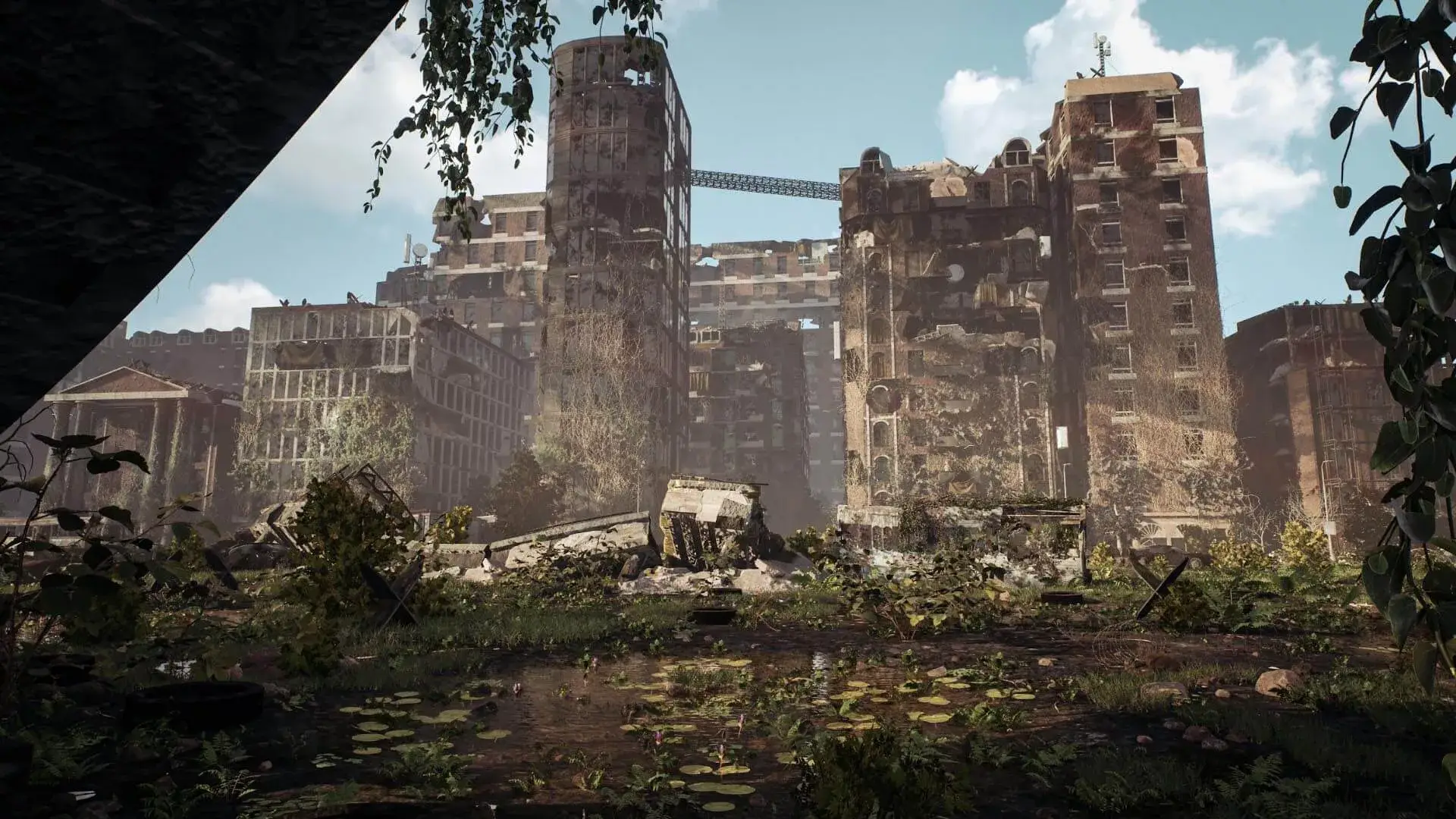 Post-apocalyptic cityscape with overgrown vegetation and ruined buildings