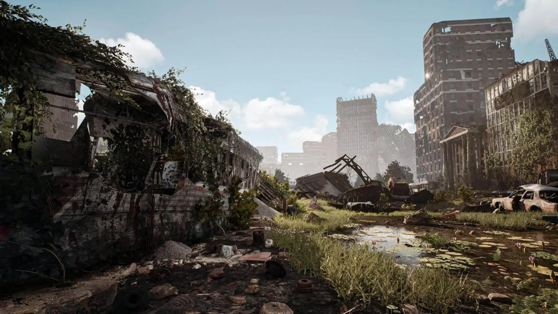 A highly detailed digital artwork by Magic Media depicting a post-apocalyptic urban environment. The scene features dilapidated and overgrown buildings, abandoned vehicles, and debris scattered across the landscape. Vegetation has reclaimed much of the area, with grass and vines growing over structures and pathways. In the background, partially collapsed skyscrapers and damaged structures create a sense of desolation. The sky is clear with a few clouds, contrasting the ruined cityscape below. The image evokes a mood of abandonment and nature's resilience.