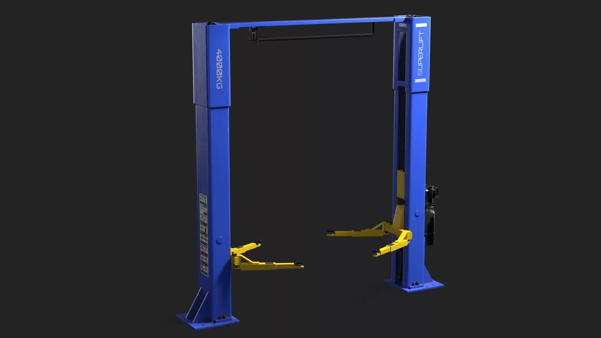 Blue and yellow car lift on a black background