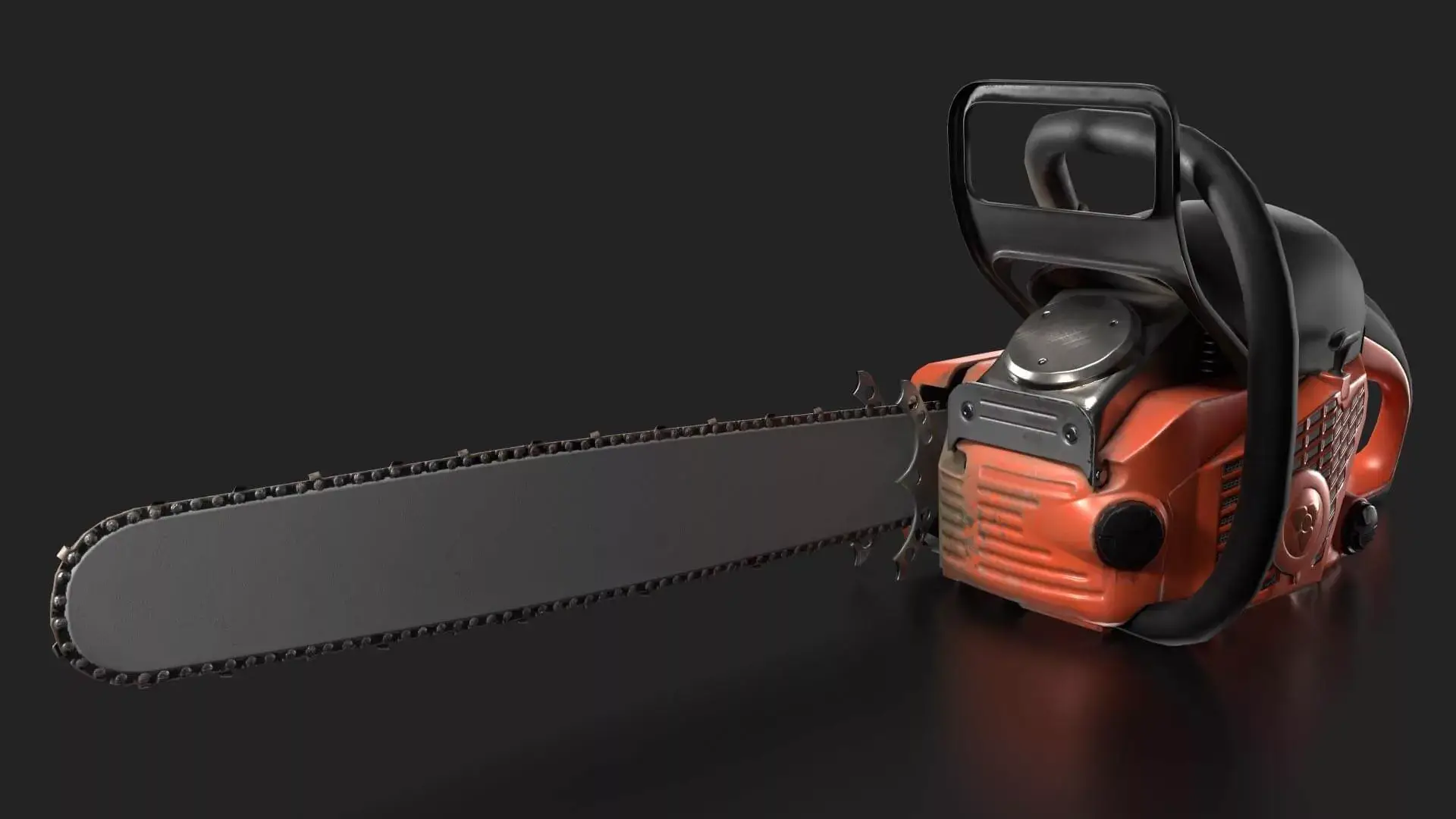 3D rendering of a realistic chainsaw with an orange body and black handle, displayed against a dark background