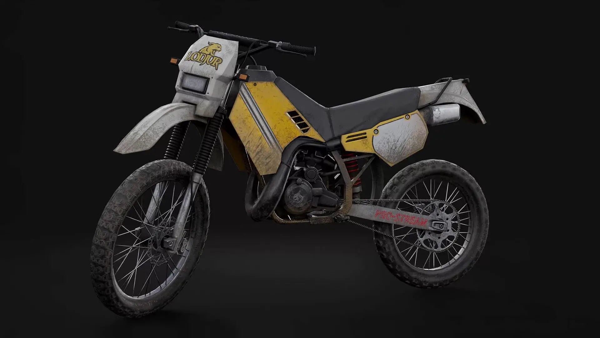 Realistic 3D rendering of a dirt bike with a yellow and black design on a black background