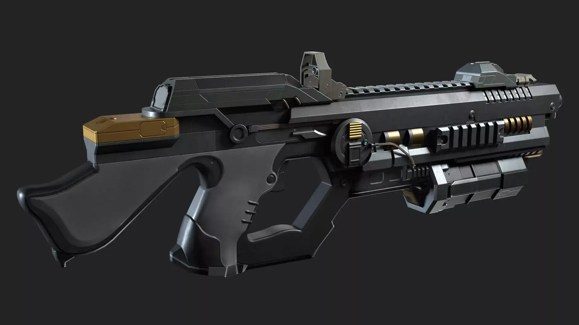 Semi-stylized 3D rendering of a futuristic gun with black and gold accents on a black background