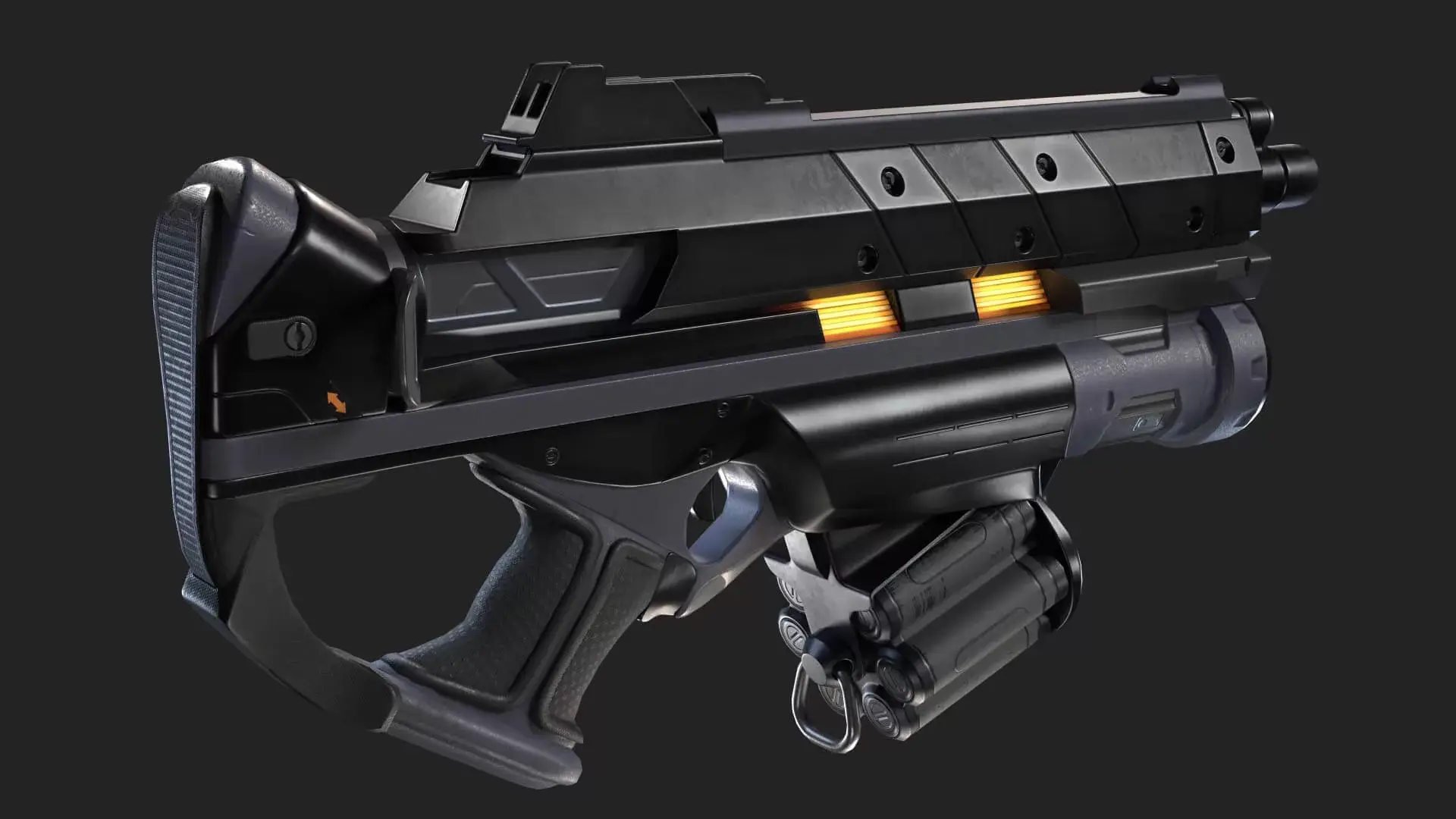 Semi-stylized 3D rendering of a futuristic gun with black and orange accents on a black background