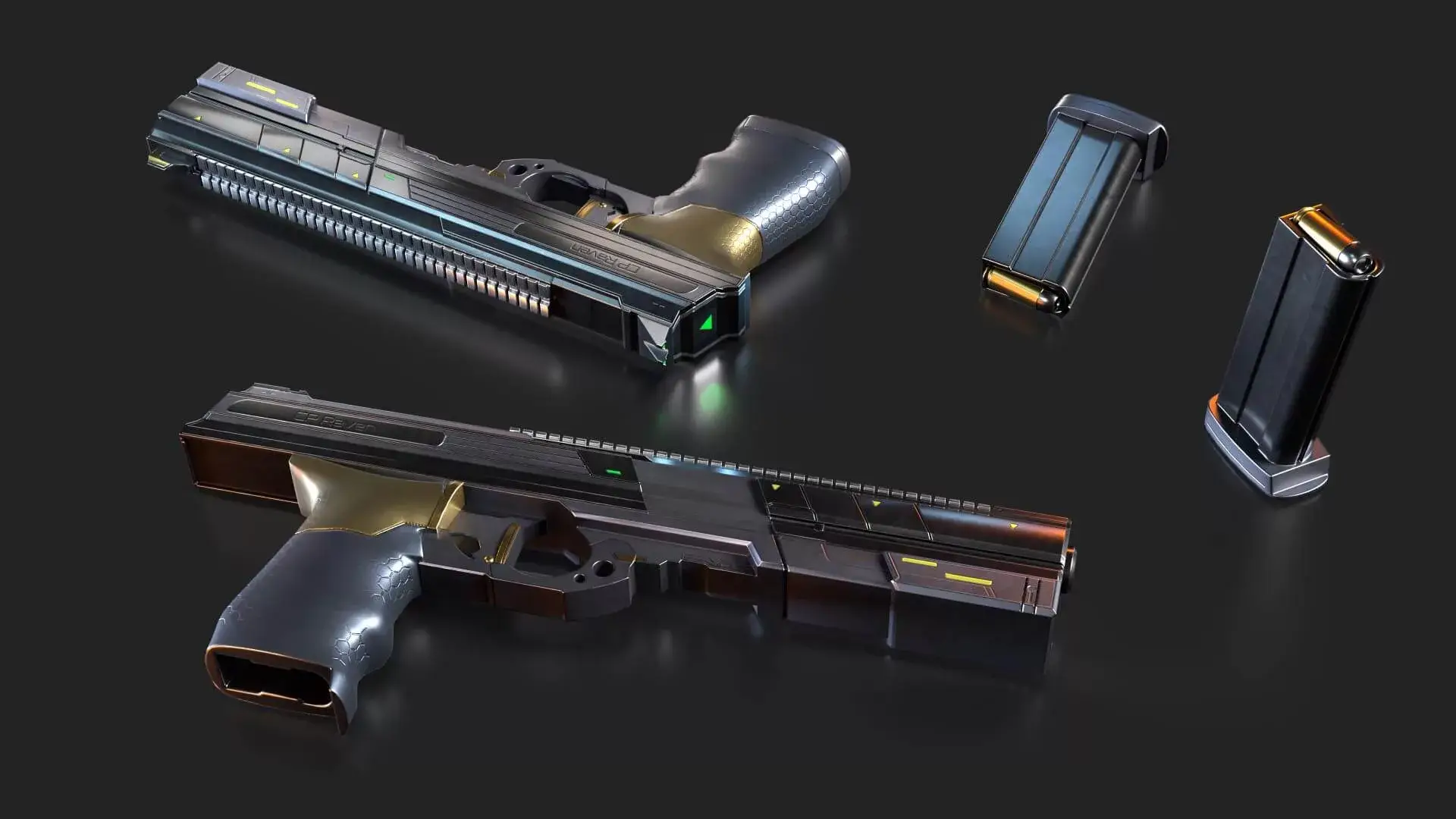 Semi-stylized 3D rendering of a futuristic gun with black, gold, and metallic accents on a black background