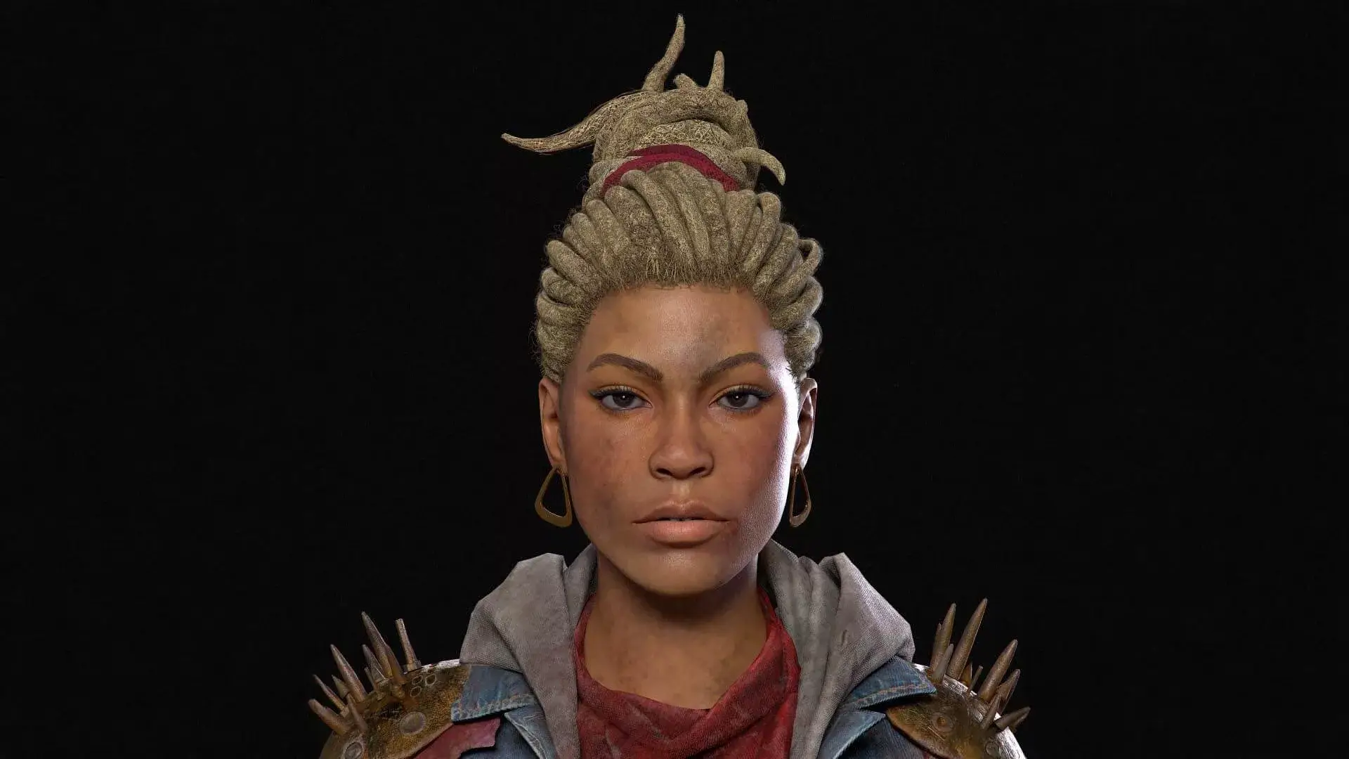 Magic Media's 3D art depicts a realistic female with detailed facial features, an adorned updo, and a modern yet rugged outfit with a spiked shoulder piece.