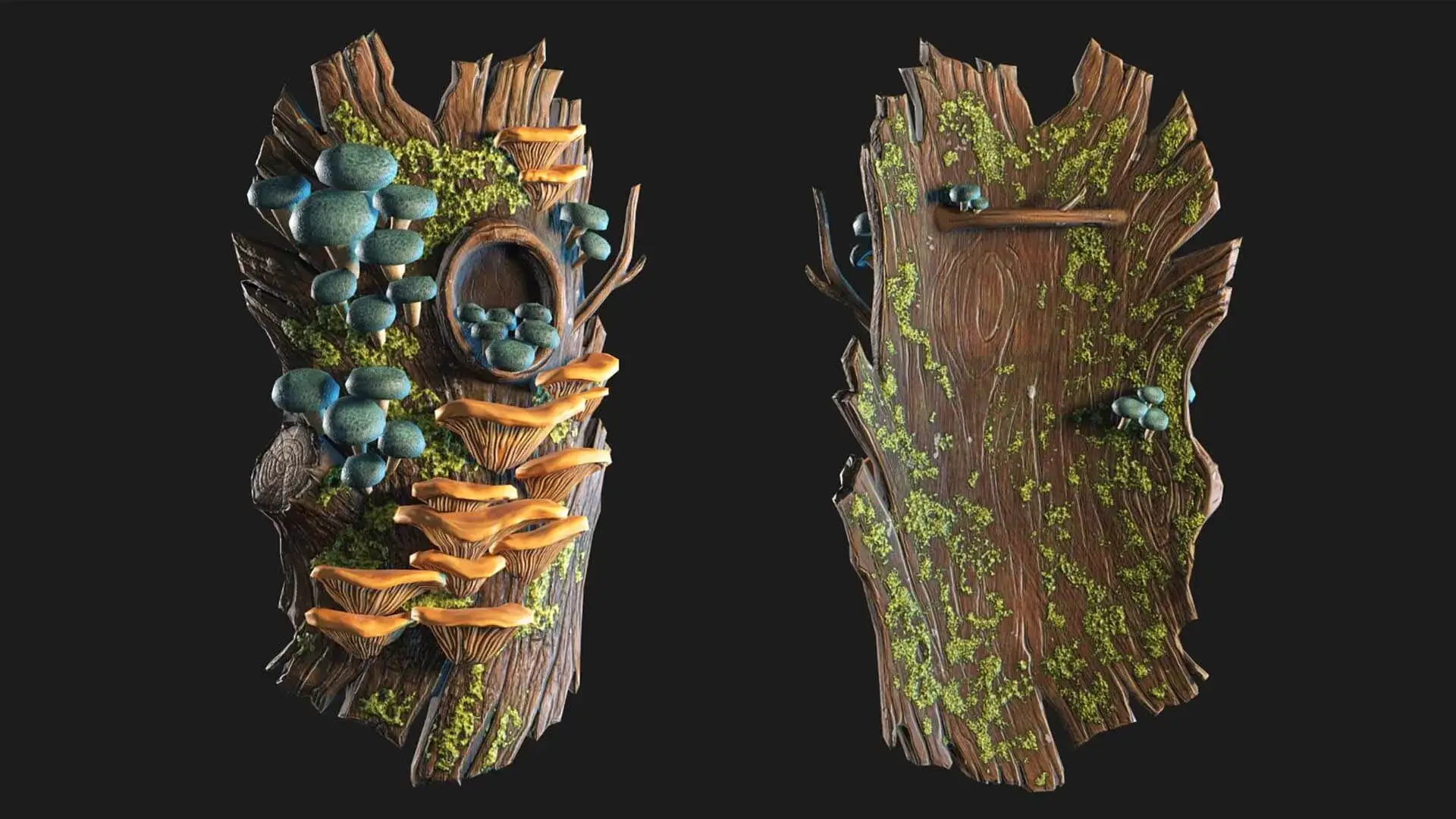 3D rendering of a tree trunk with blue mushrooms and orange fungi growing on it, displayed against a black background