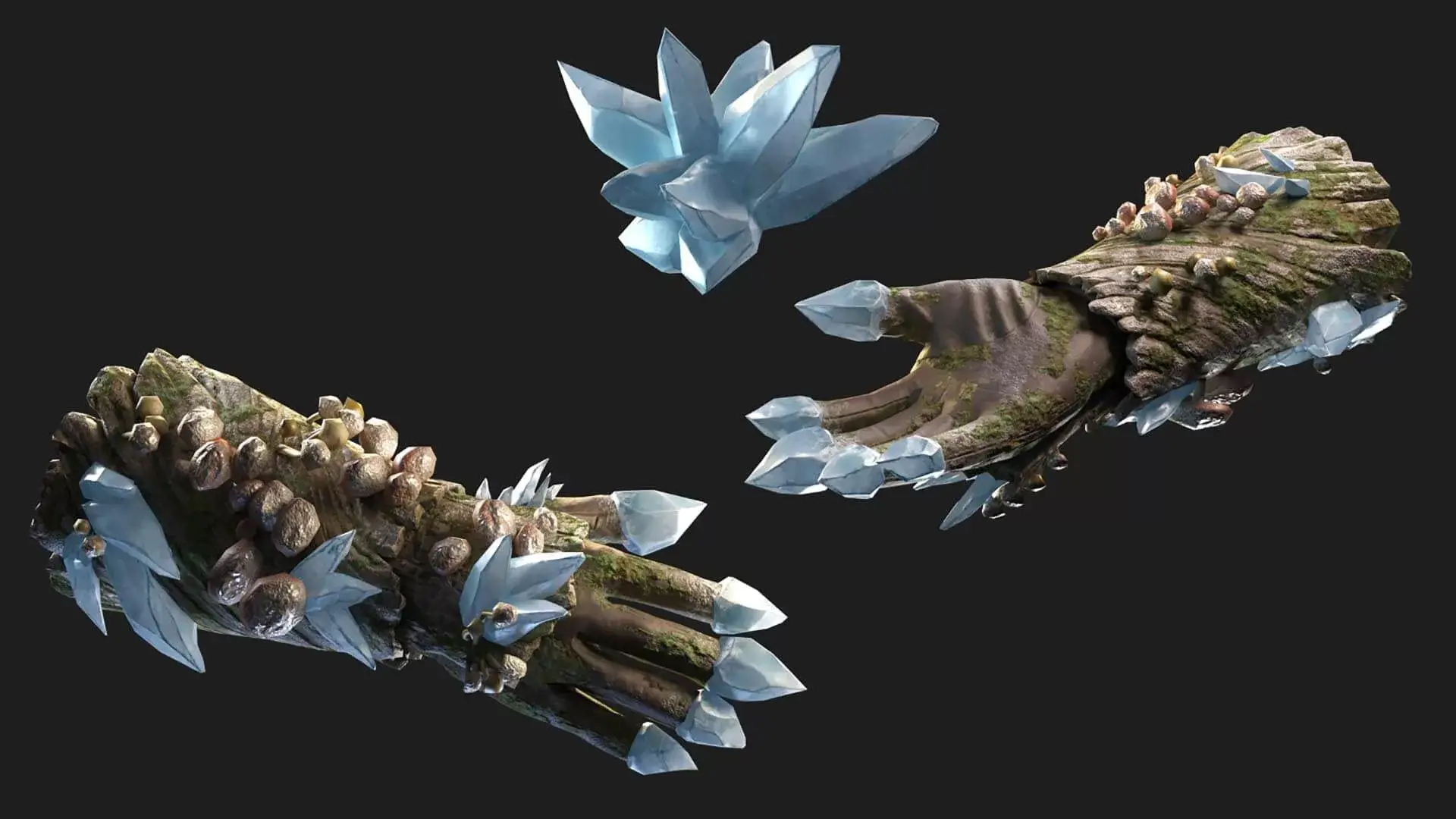 3D rendering of hands with blue crystals and mushrooms growing on them, displayed against a black background