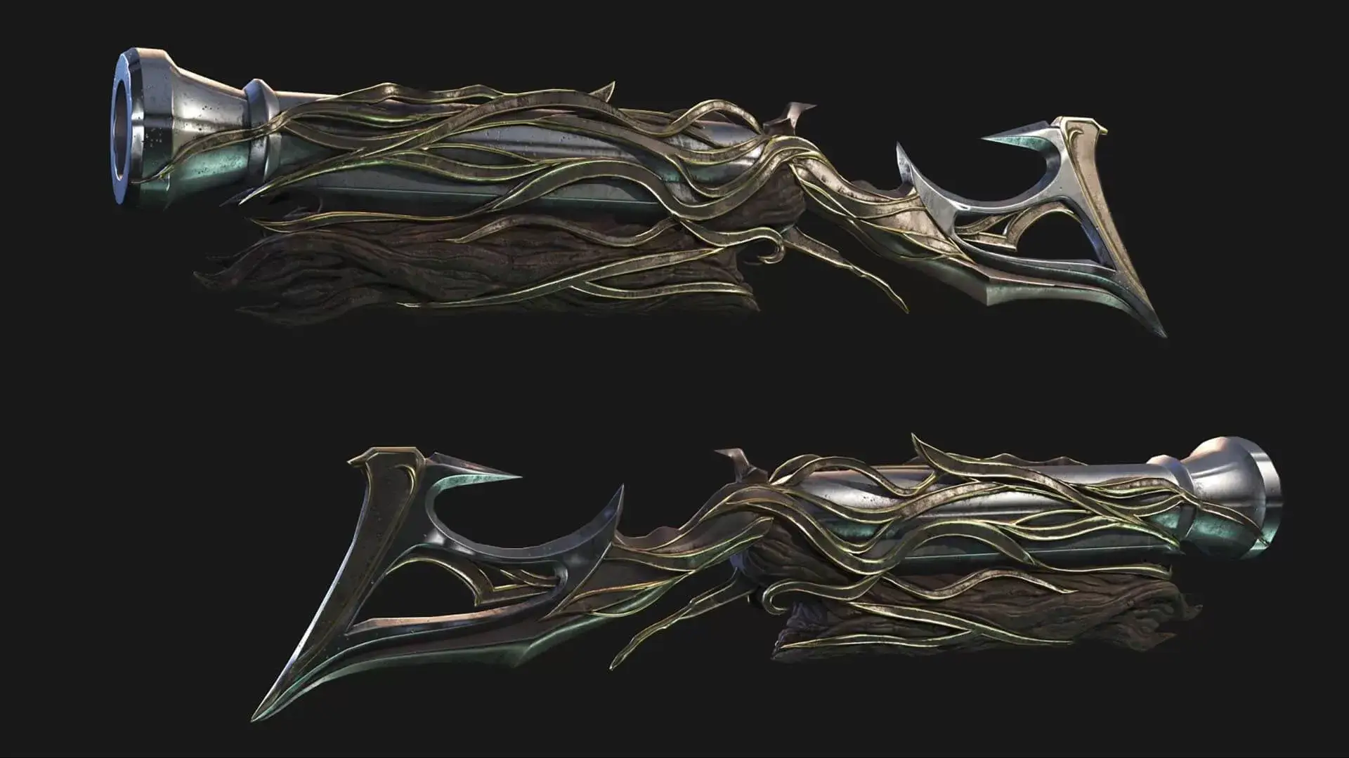 3D rendering of a fantasy weapon with intricate designs and organic elements, displayed against a black background