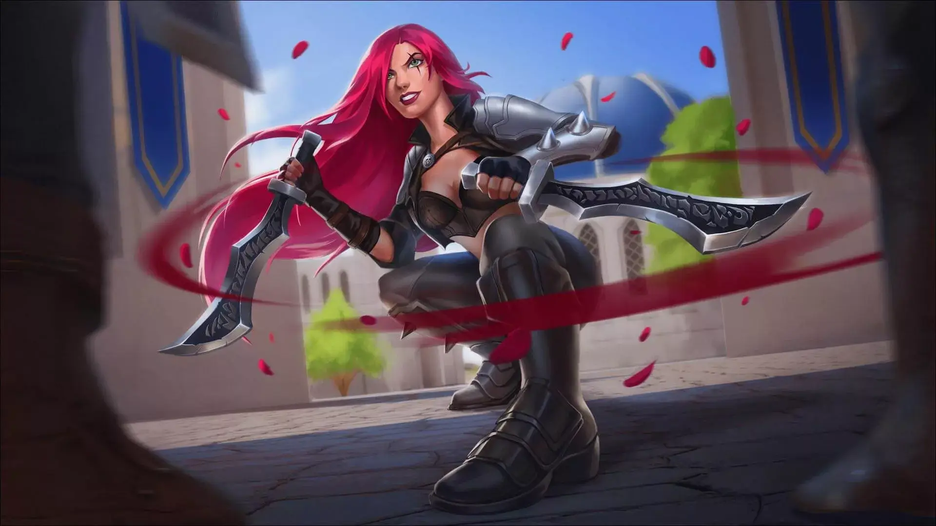 3D render of a female warrior with red hair, holding two swords in a dynamic action pose