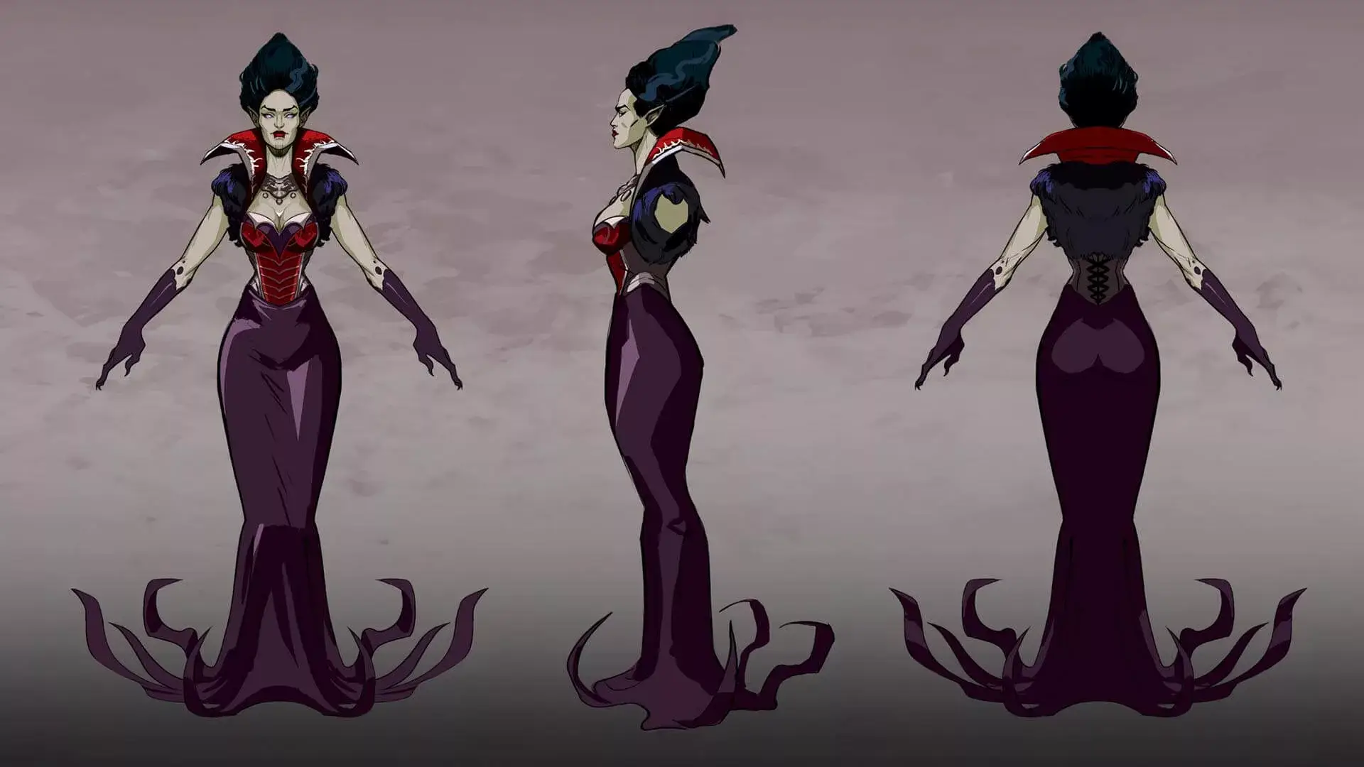 3D render of a vampire lady in full dress with detailed front, side, and back views