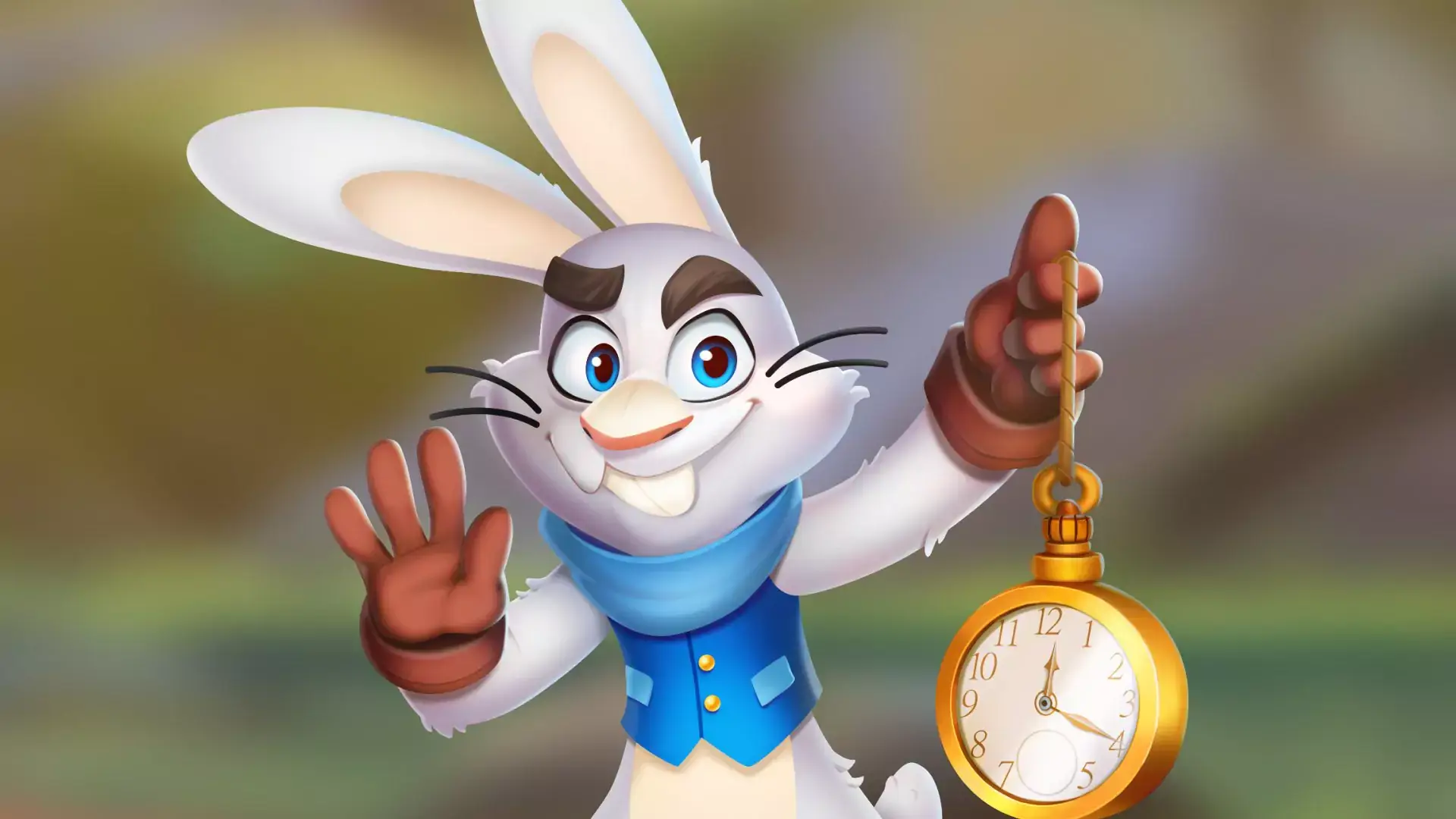 Animated white rabbit character holding a pocket watch and waving.