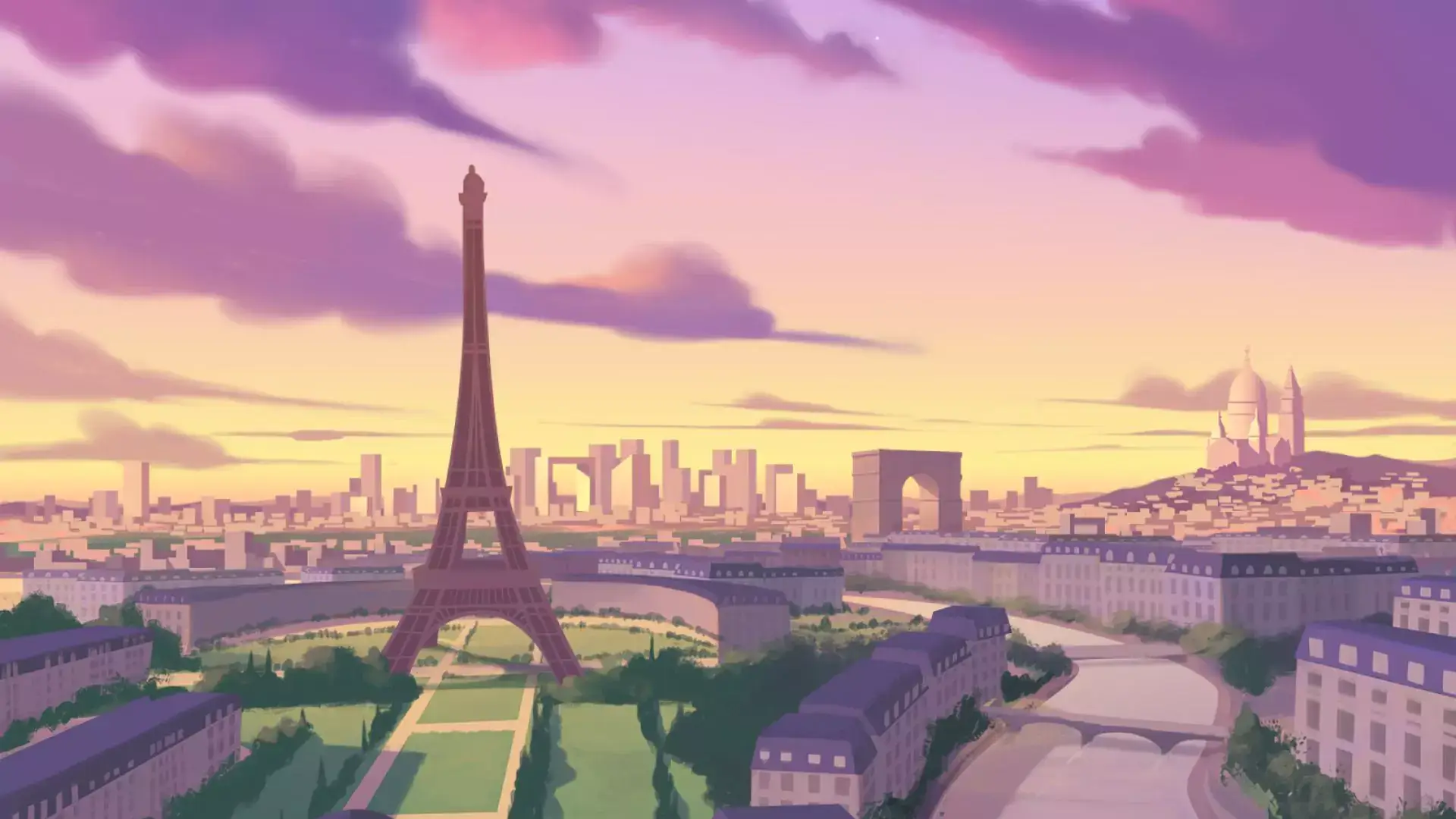 A vibrant, animated image from a mobile game developed by Magic Media depicting a scenic view of Paris at sunset. The Eiffel Tower stands tall in the foreground, surrounded by classic Parisian architecture. In the background, the Arc de Triomphe is visible on the right, and the Sacré-Cœur Basilica is on a hill to the left. The sky is filled with shades of purple, pink, and yellow, creating a warm and picturesque atmosphere over the city.