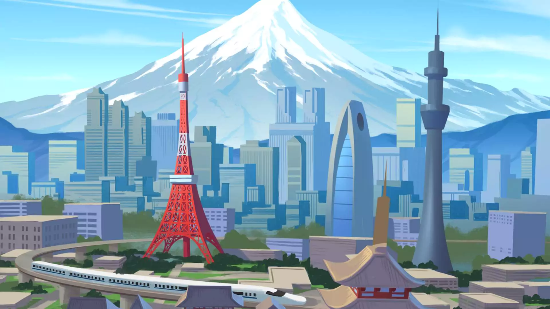 Modern cityscape with skyscrapers, a red tower, and a snow-capped mountain in the background